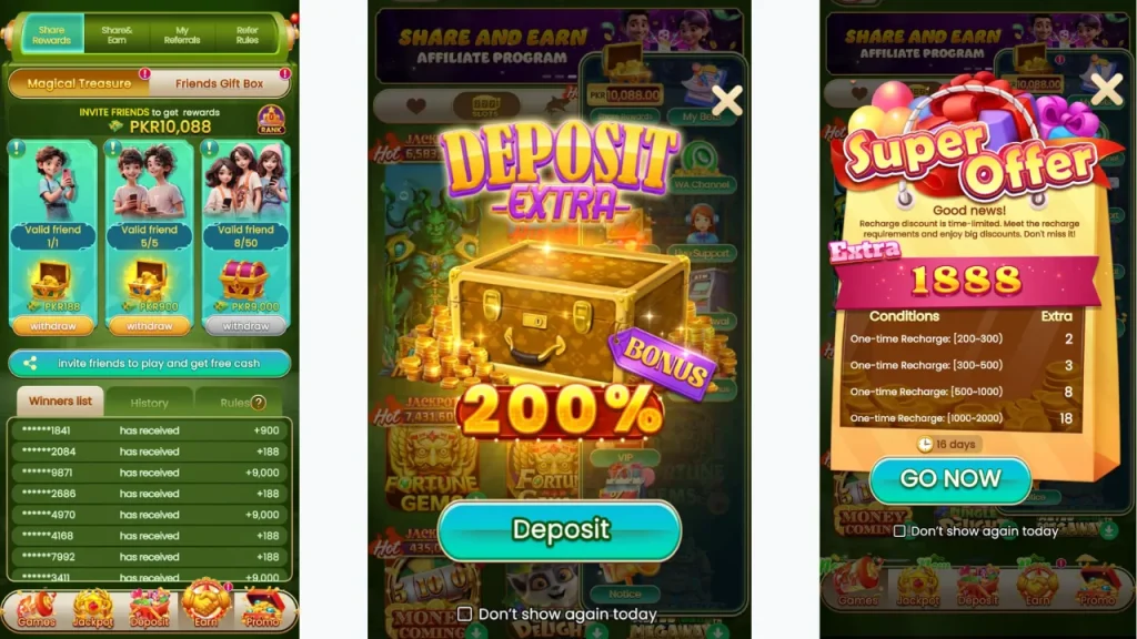 Pak Super bonus and reward screens showing deposit offers and free spins
