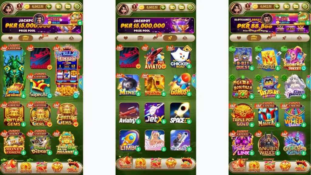 Popular Pak Super casino titles including slots, card games and jackpot games